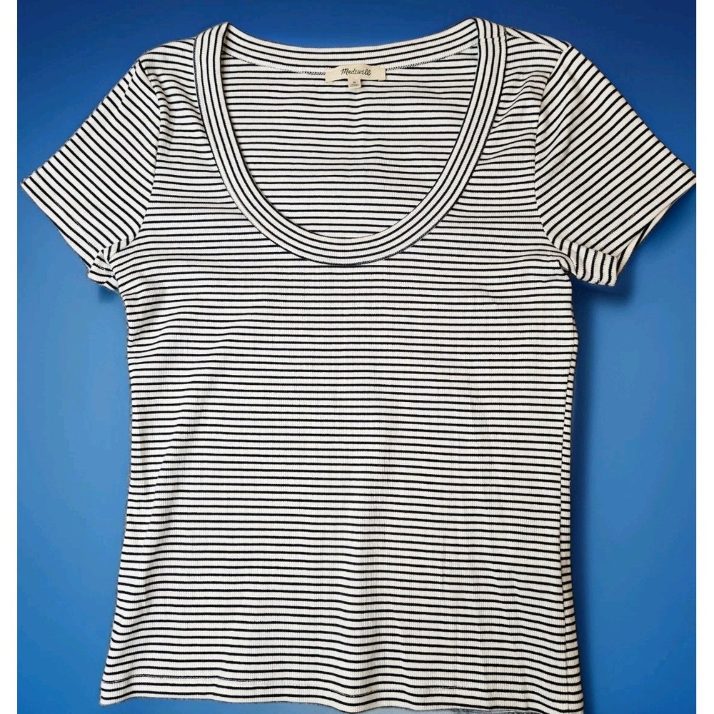 Madewell Womens Ribbed Knit Tee Striped Top Supima Cotton Size Medium Scoop Neck